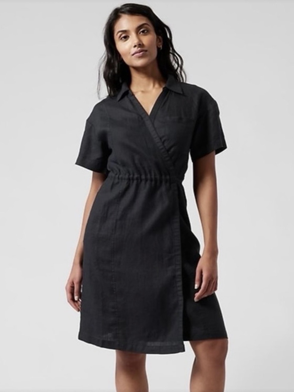 Athleta Playa Wrap Dress Black 100% Linen, Size 10